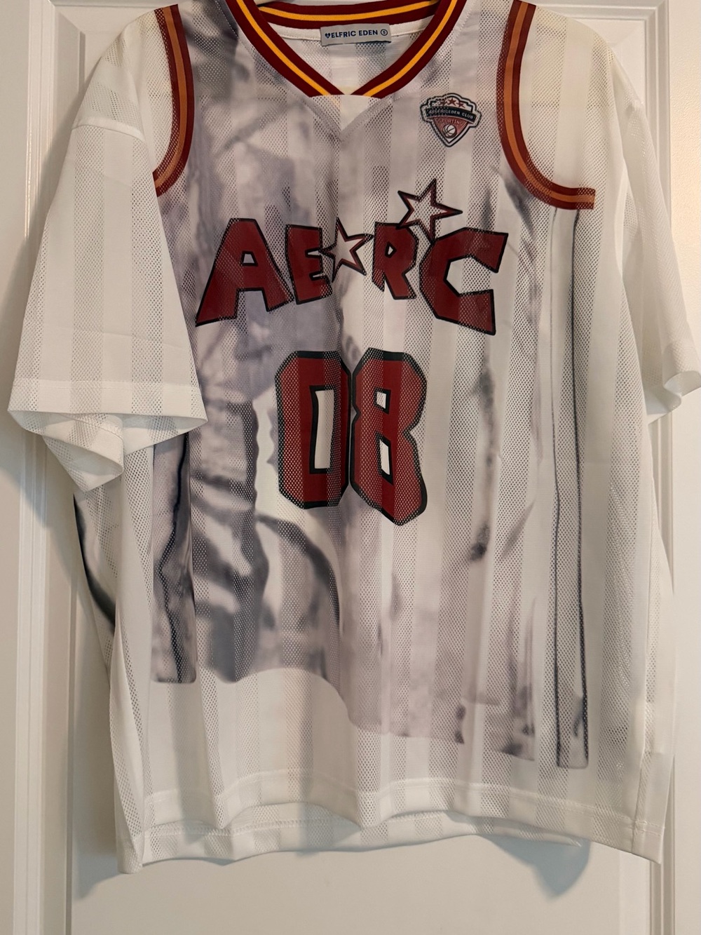 Aelfric Eden White Mesh Jersey with Red Graphic and Gold Trim